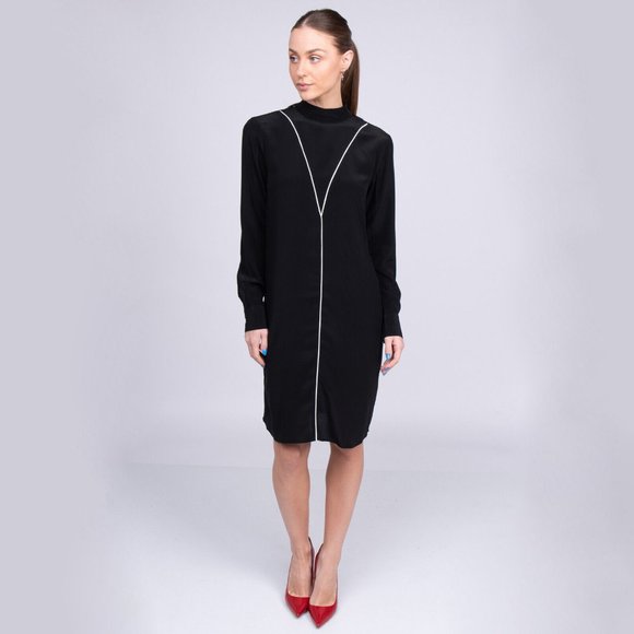 8 Black S 100% Silk Shift Dress Low Open-Back Tie Bow Made in Italy Knee Office - Picture 7 of 14